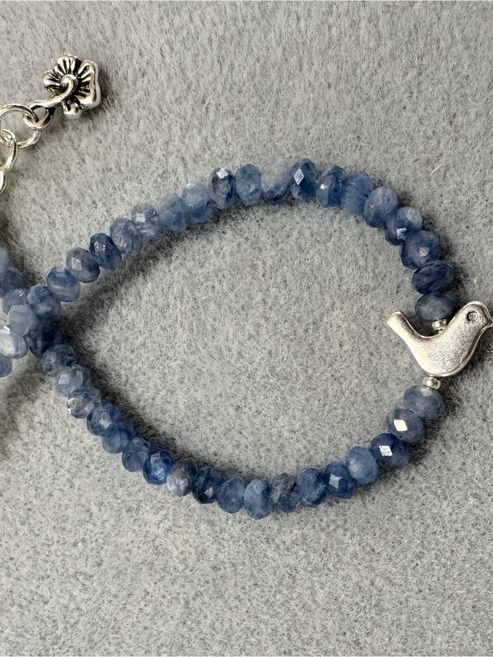 Delicate FacetedBlue Kyanite Beaded Bracelet with Silver Bird Accent 7.5 inches - Picture 2 of 5